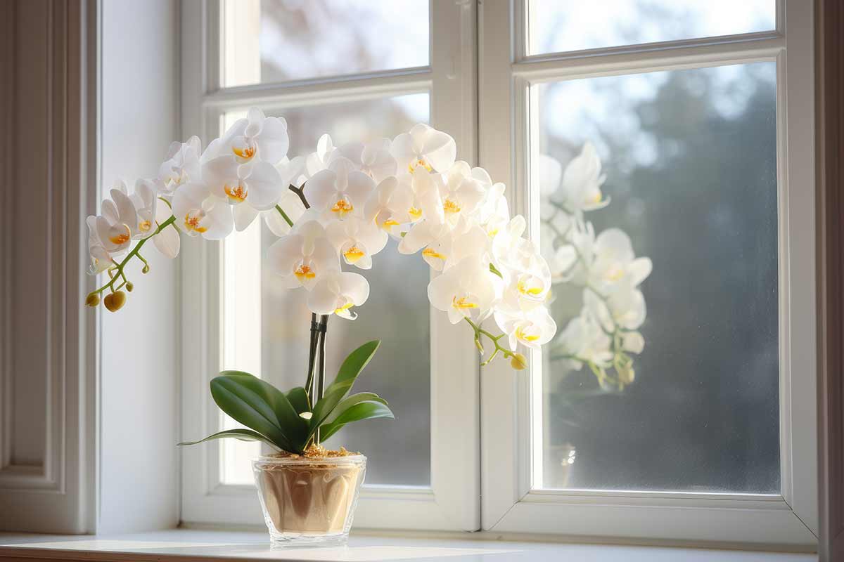 orchidea in vaso sul bordo di una finestera